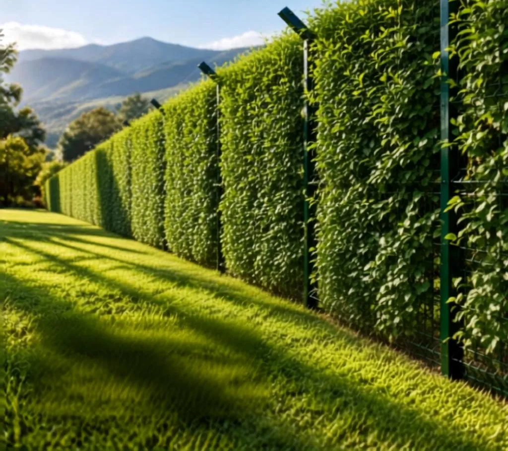 Cerramiento de panel de malla electrosoldada verde con cerca viva, frente a una montaña